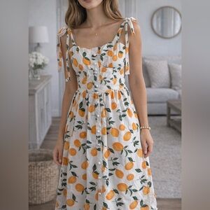 SHEINMOD Women M Lemon Print Midi Dress Cottagecore Summer Tie Strap Sundress